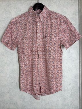 Rock & Roll Denim•Short Sleeve•Shirt•Mens•Small•Pink Paisley•Classic Fit• EUC
